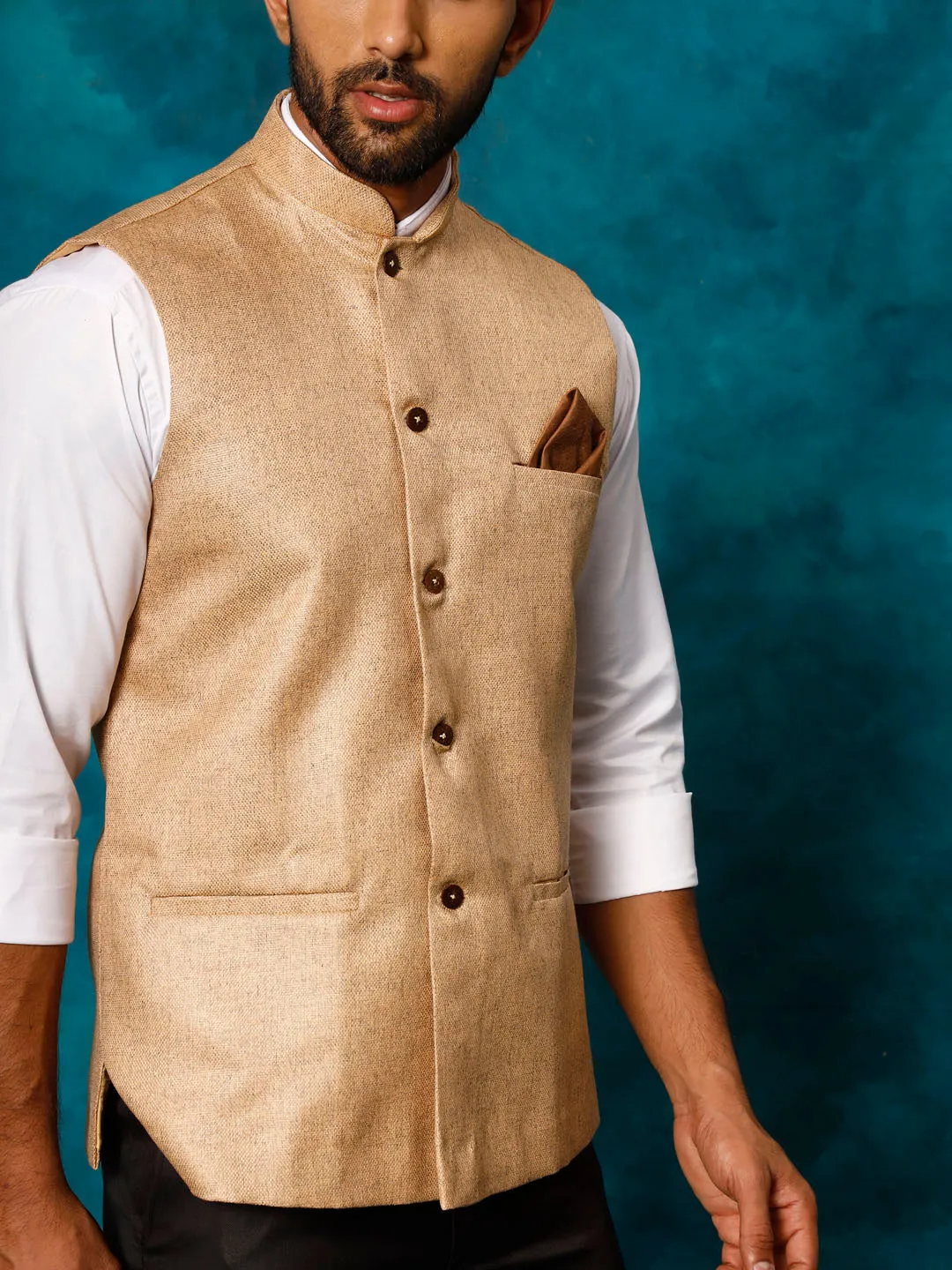 VASTRAMAY Men's Beige Nehru Jacket