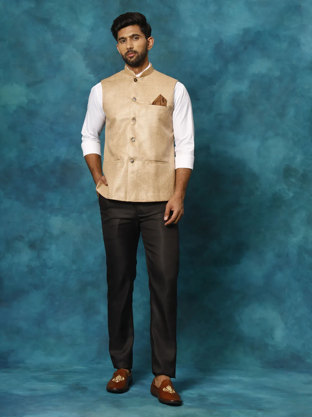 VASTRAMAY Men's Beige Nehru Jacket