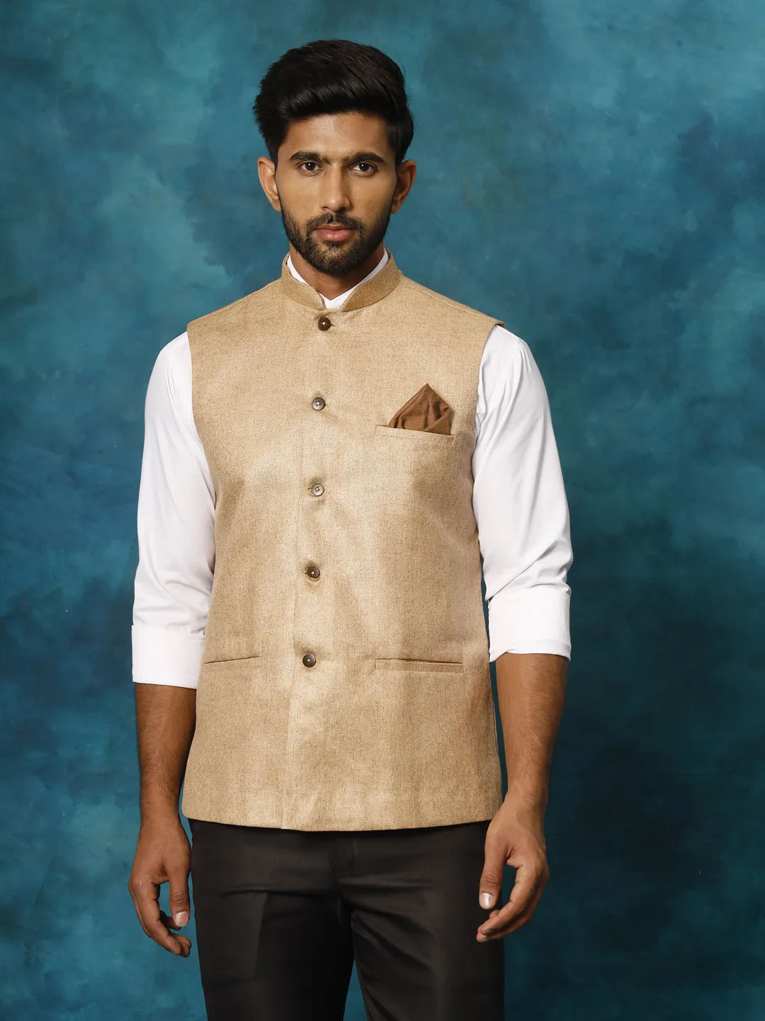 VASTRAMAY Men's Beige Nehru Jacket