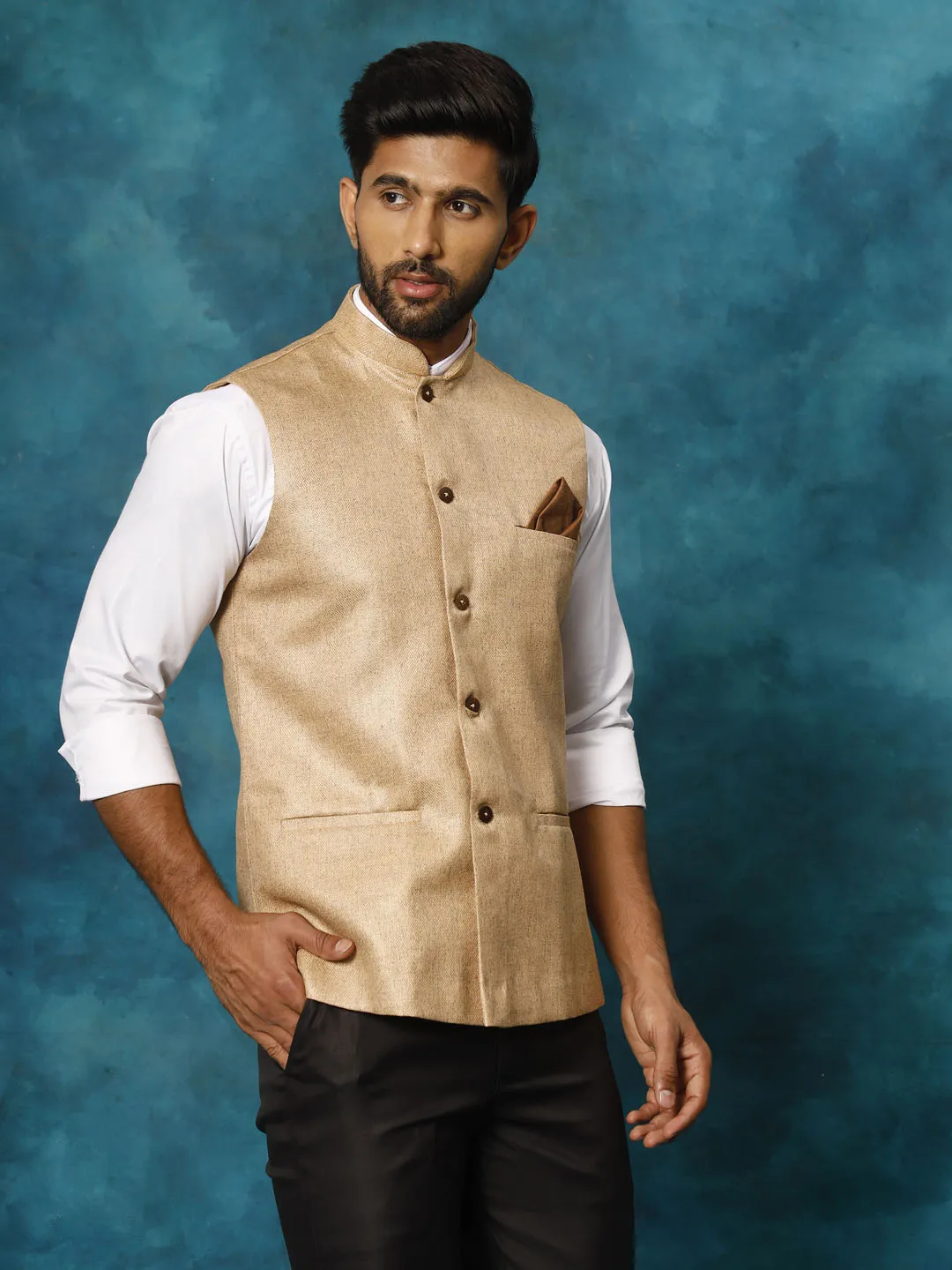 VASTRAMAY Men's Beige Nehru Jacket