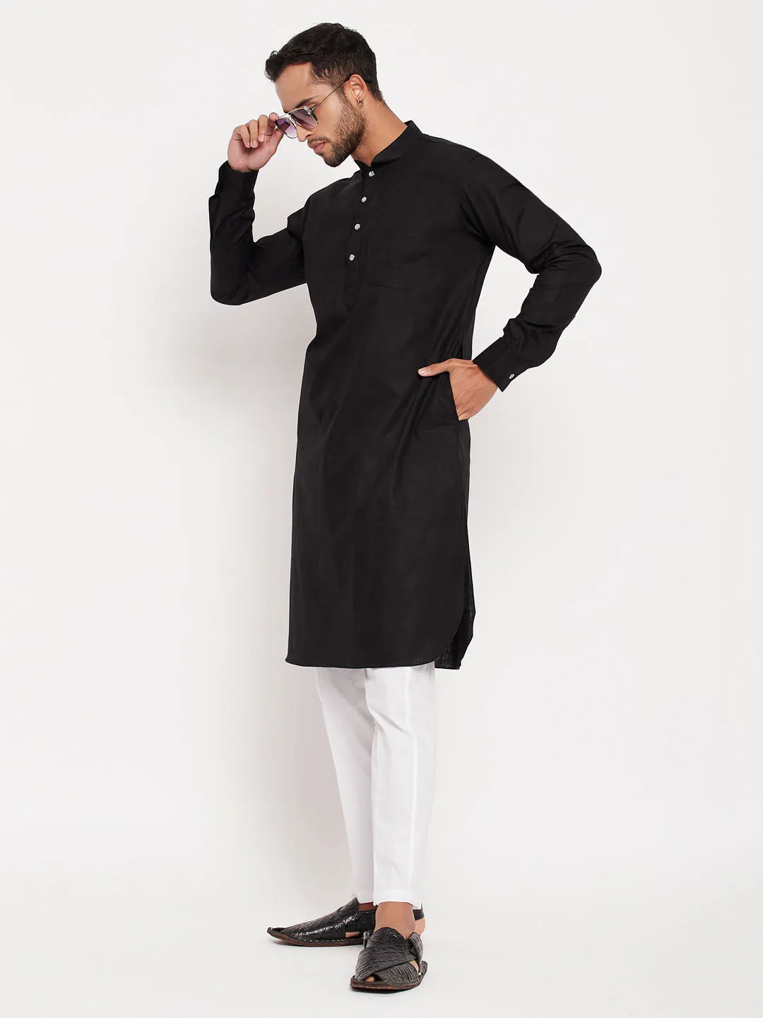 VASTRAMAY Men's Black & White Pathani Suit