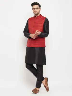 VASTRAMAY Men's Maroon Silk Nehru Jacket Set