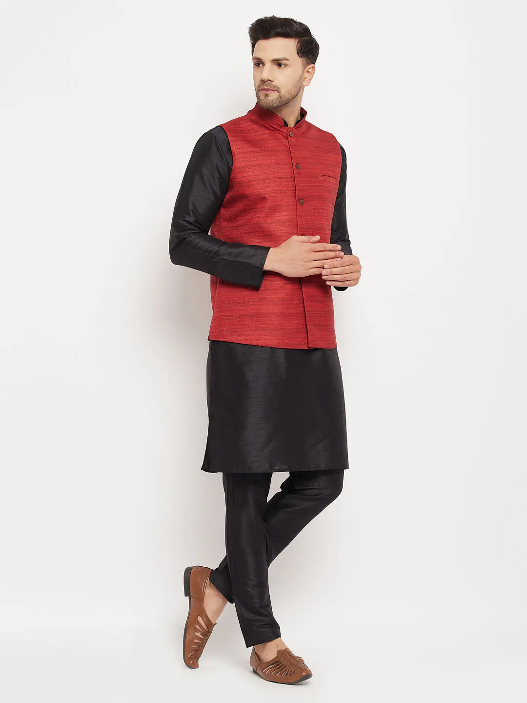 VASTRAMAY Men's Maroon Silk Nehru Jacket Set