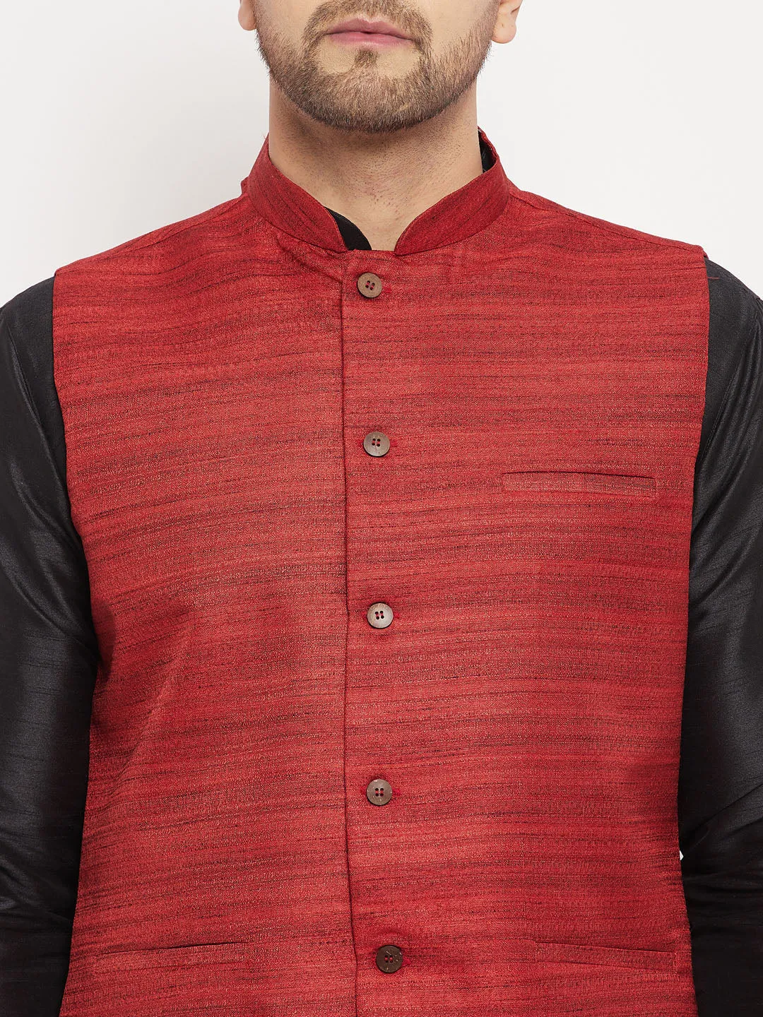 VASTRAMAY Men's Maroon Silk Nehru Jacket Set