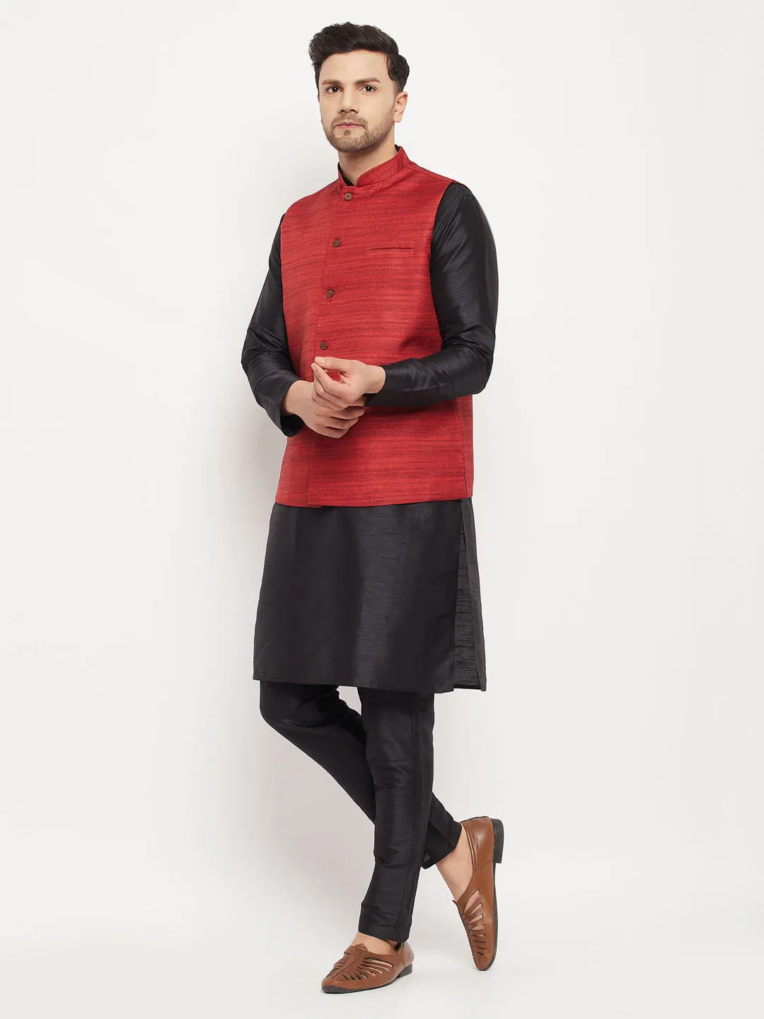 VASTRAMAY Men's Maroon Silk Nehru Jacket Set