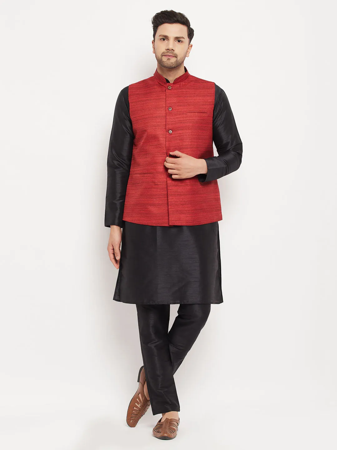 VASTRAMAY Men's Maroon Silk Nehru Jacket Set