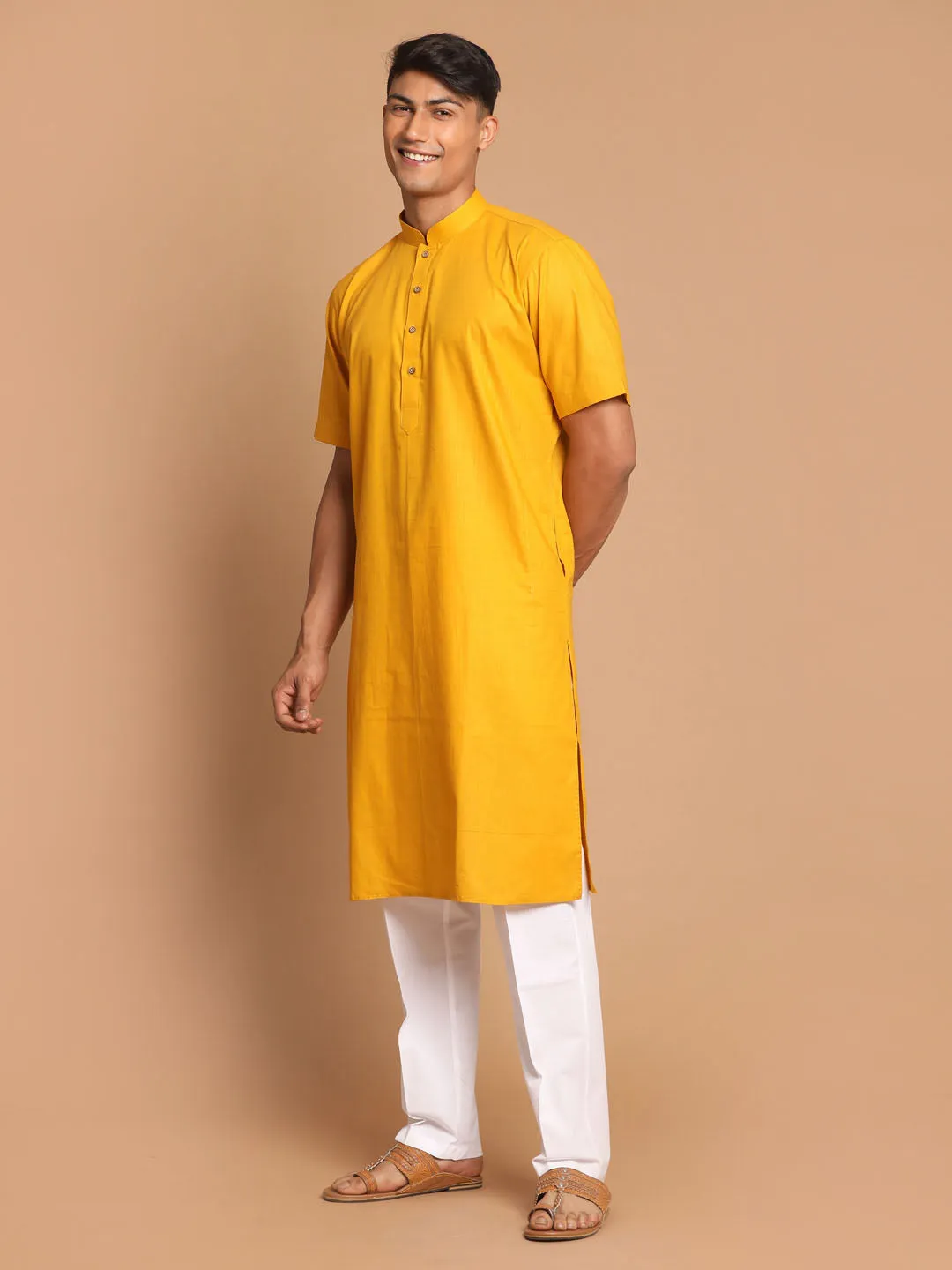 VASTRAMAY Men's Mustard Kurta and White Pyjama