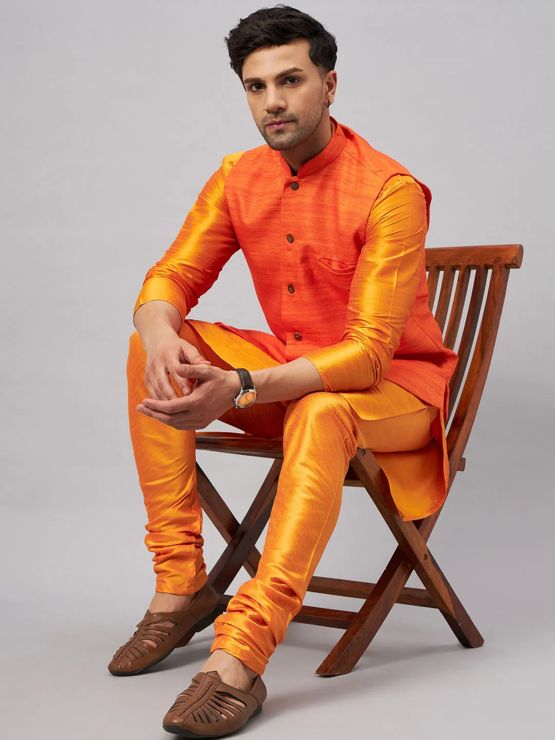 VASTRAMAY Men's Orange Silk Kurta Set