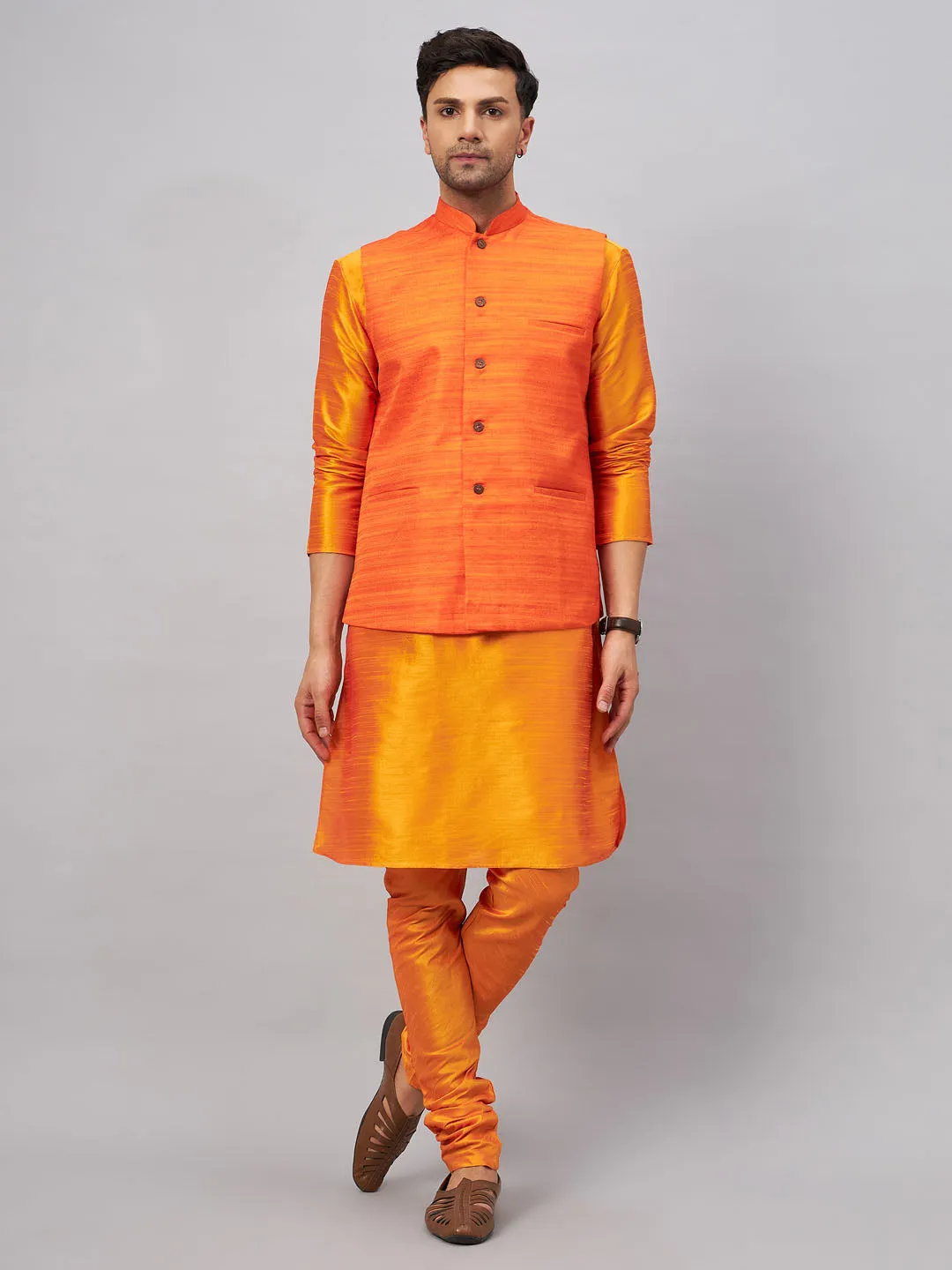 VASTRAMAY Men's Orange Silk Kurta Set