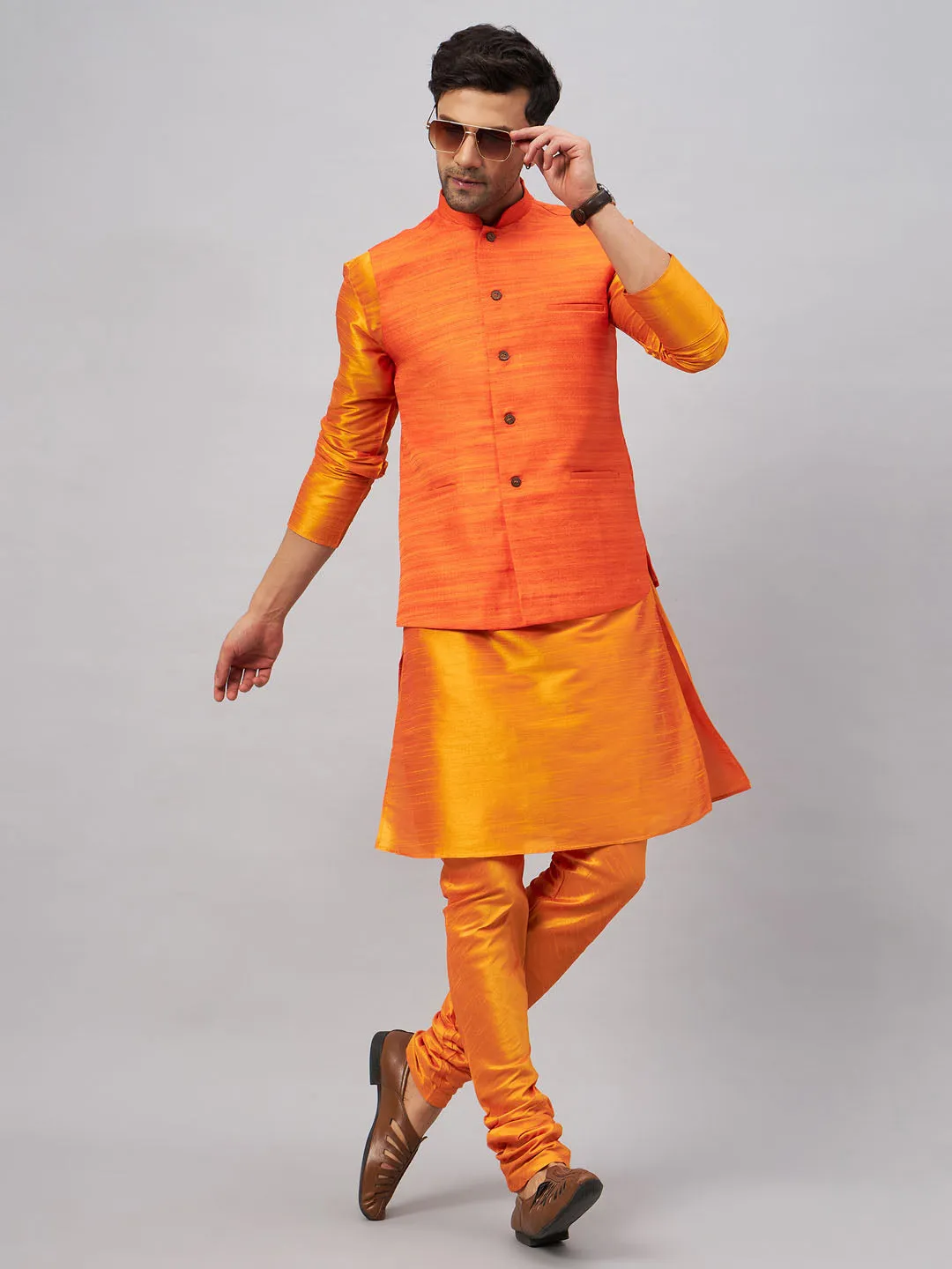 VASTRAMAY Men's Orange Silk Kurta Set