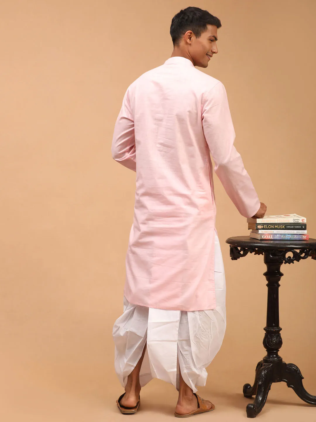 VASTRAMAY Men's Pink Kurta White Dhoti