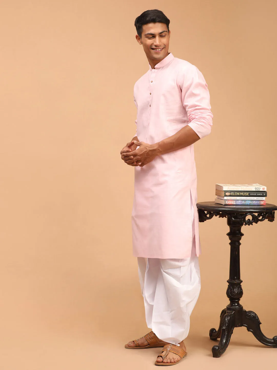 VASTRAMAY Men's Pink Kurta White Dhoti