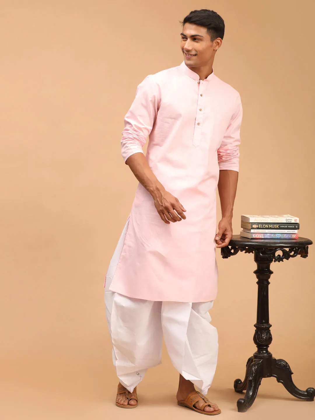 VASTRAMAY Men's Pink Kurta White Dhoti