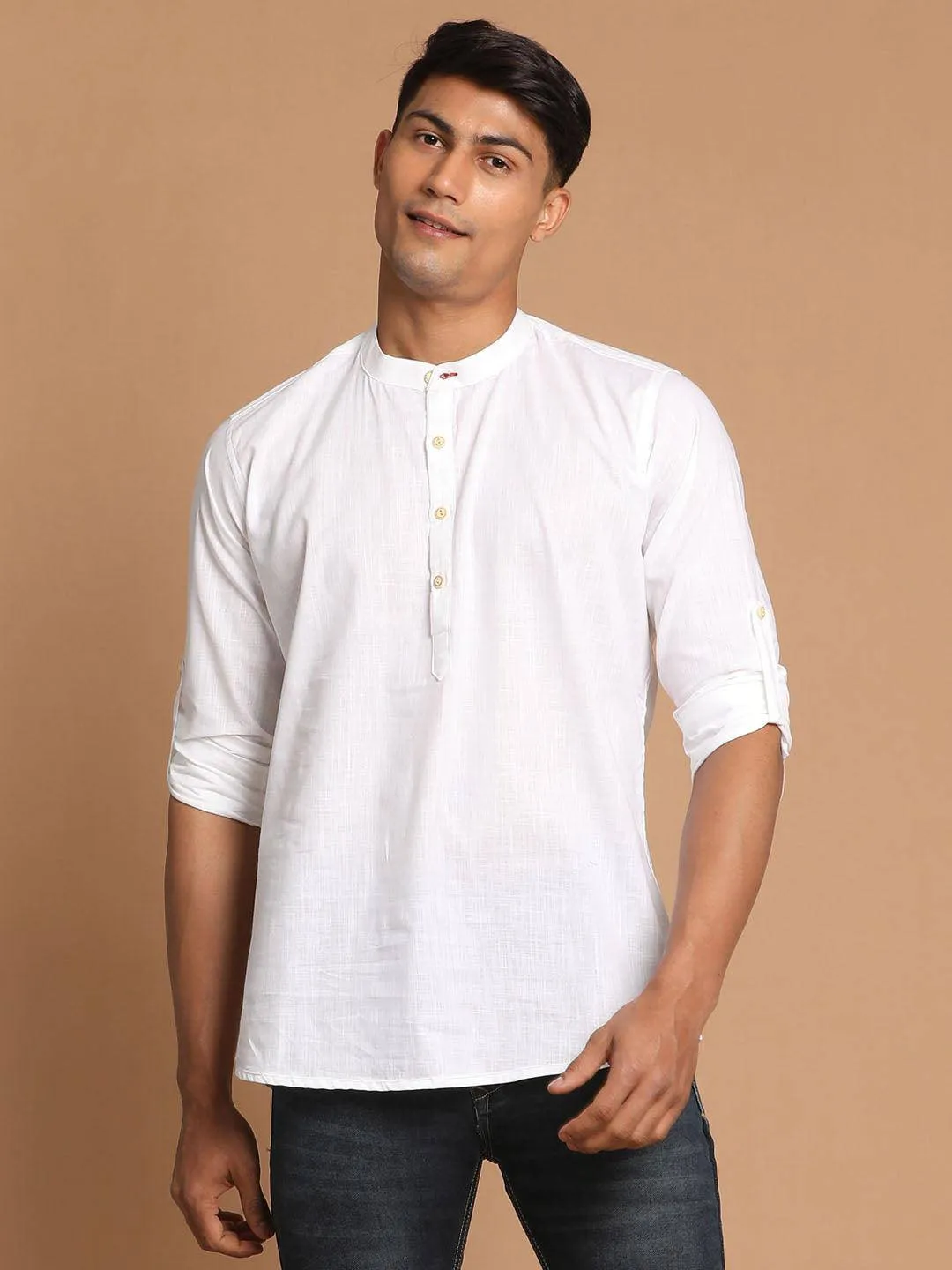 VASTRAMAY Men's White Short Cotton Kurta