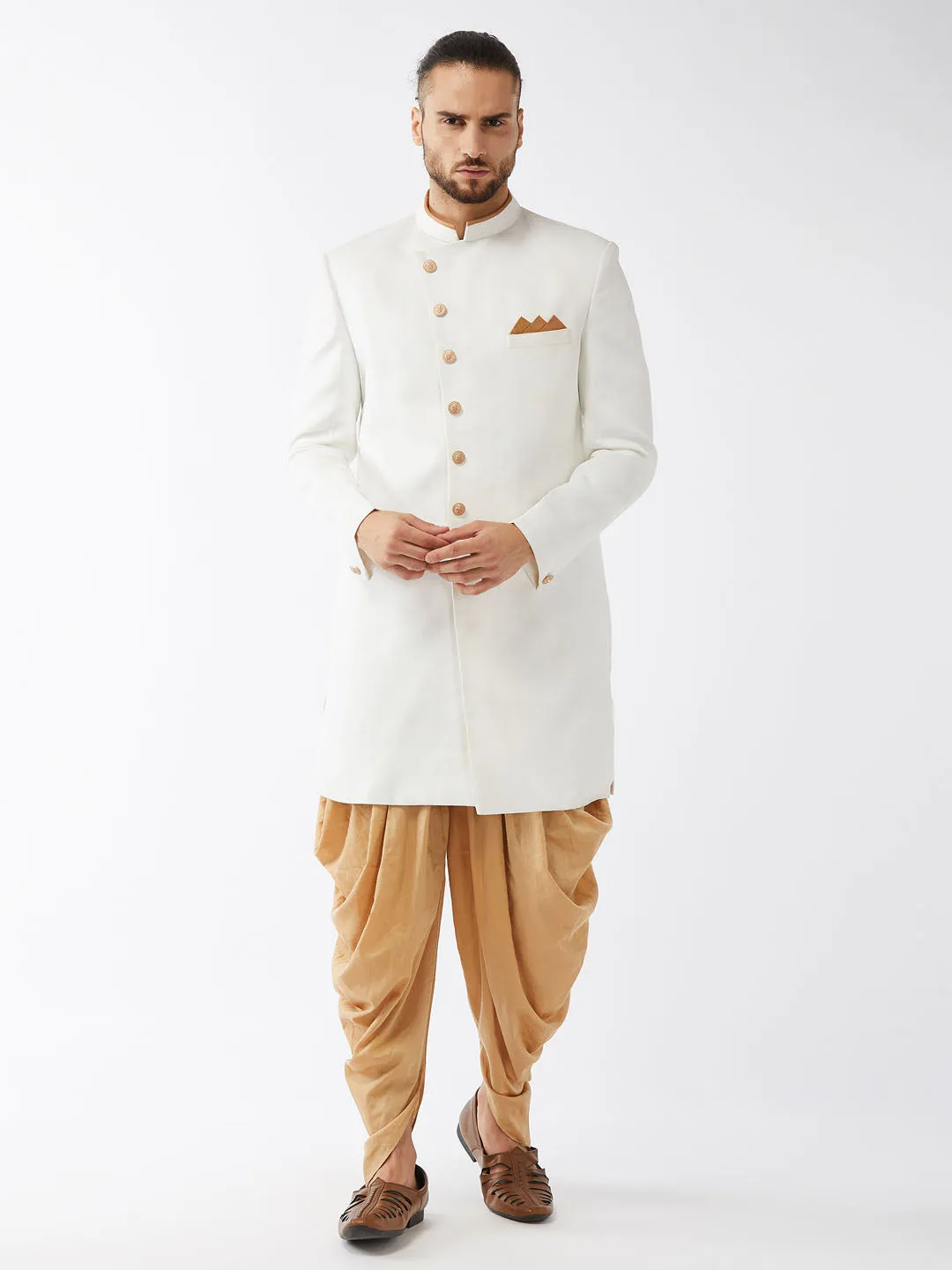 VASTRAMAY Men's White Silk Sherwani Set