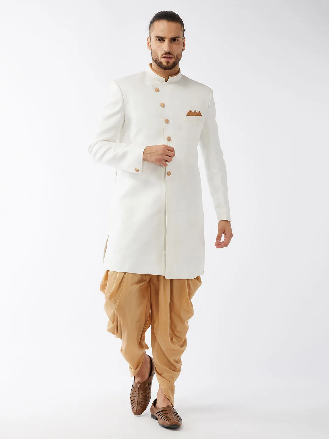 VASTRAMAY Men's White Silk Sherwani Set