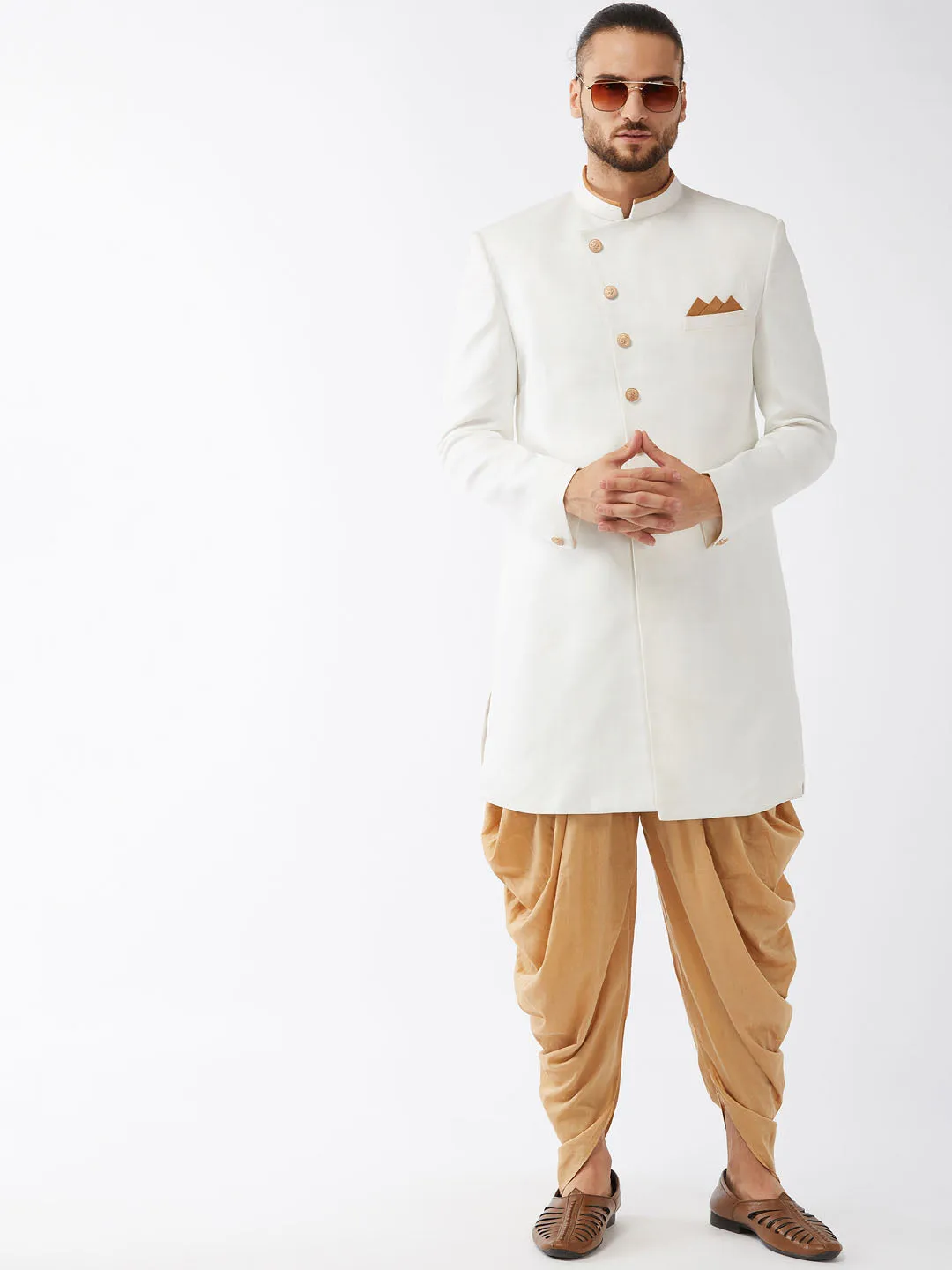 VASTRAMAY Men's White Silk Sherwani Set