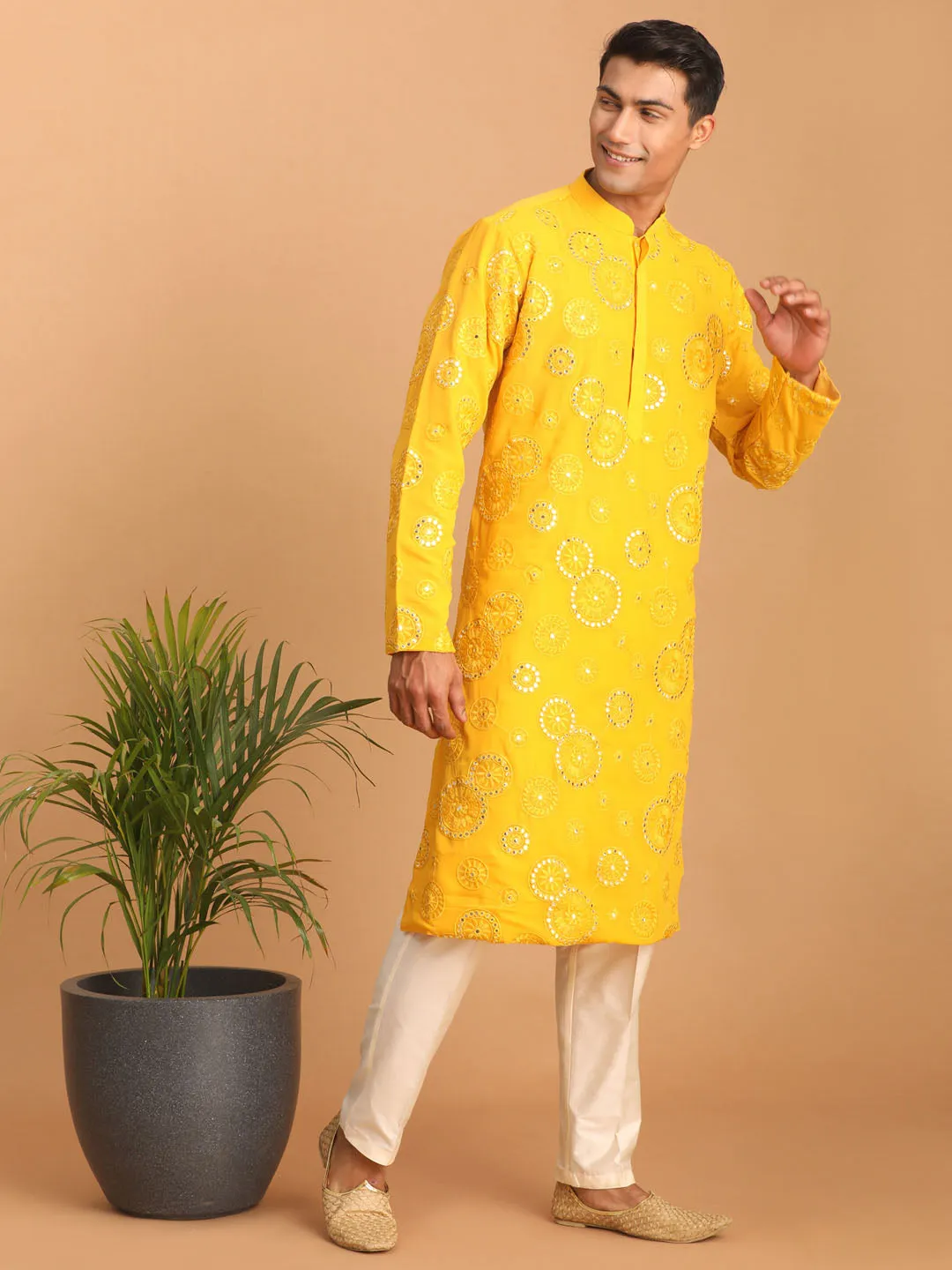 Vastramay Men's Yellow Embroidered Kurta Pant Set