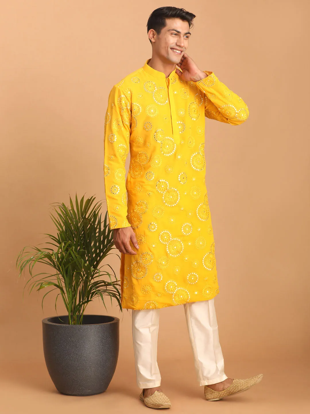 Vastramay Men's Yellow Embroidered Kurta Pant Set