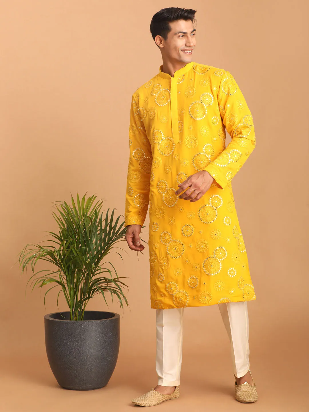 Vastramay Men's Yellow Embroidered Kurta Pant Set