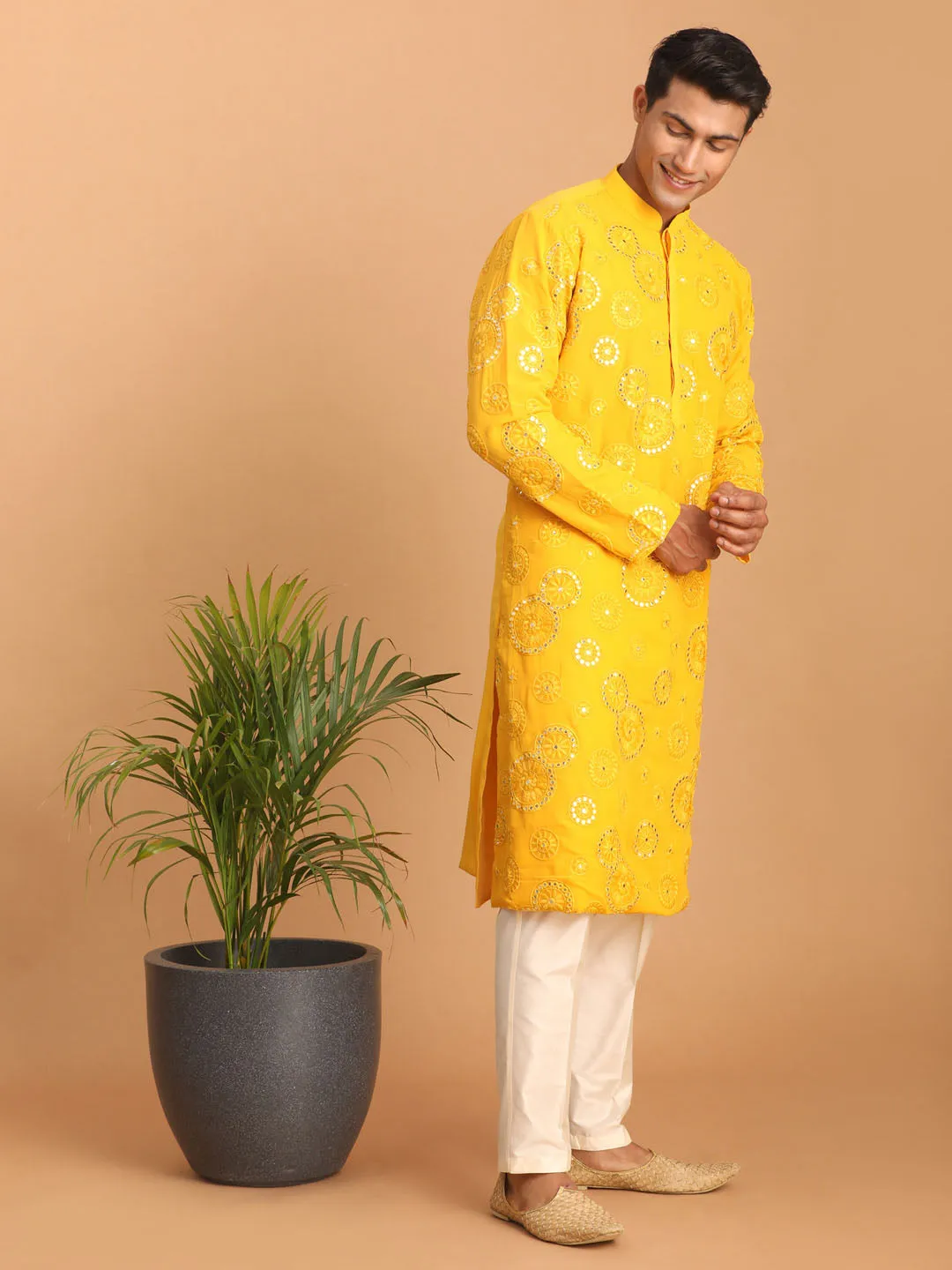 Vastramay Men's Yellow Embroidered Kurta Pant Set