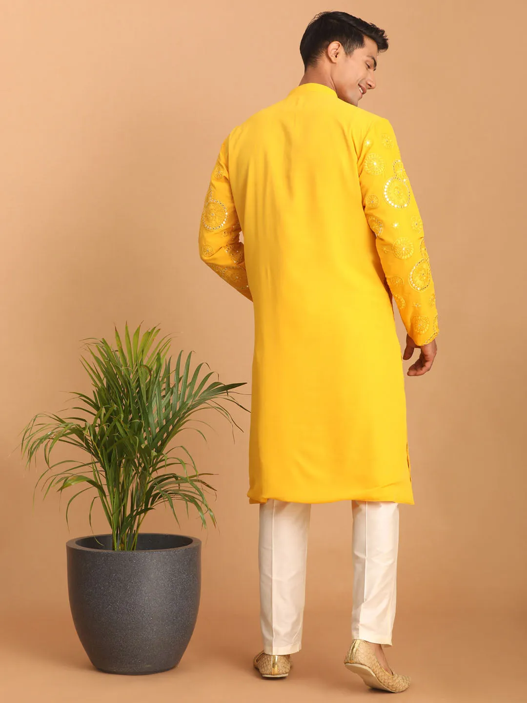 Vastramay Men's Yellow Embroidered Kurta Pant Set