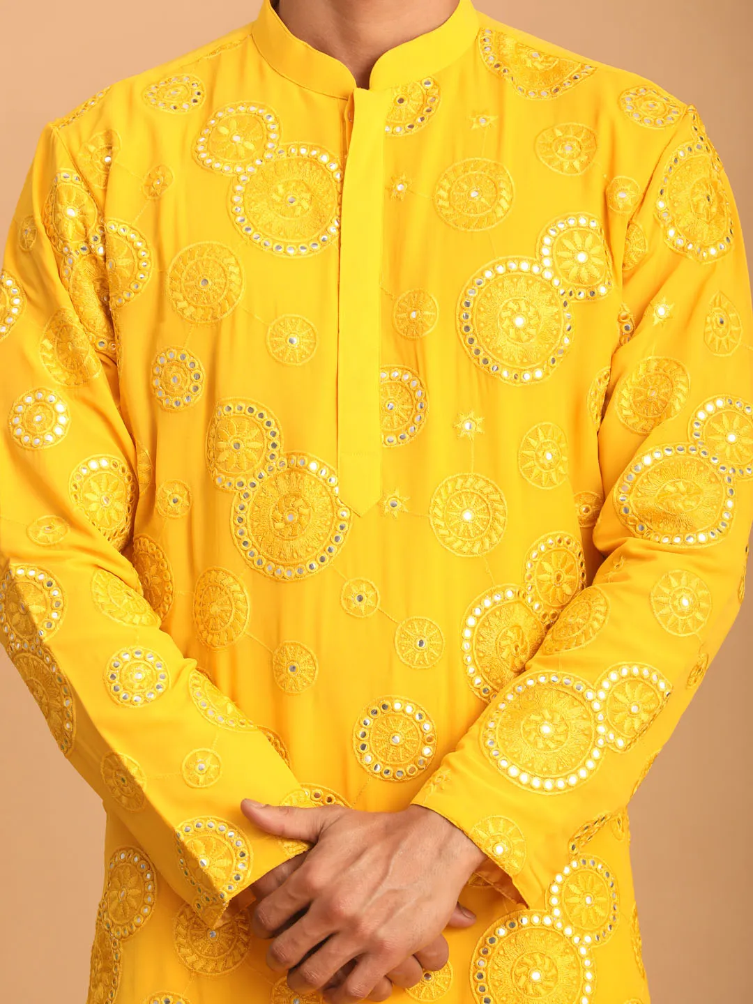 Vastramay Men's Yellow Embroidered Kurta Pant Set