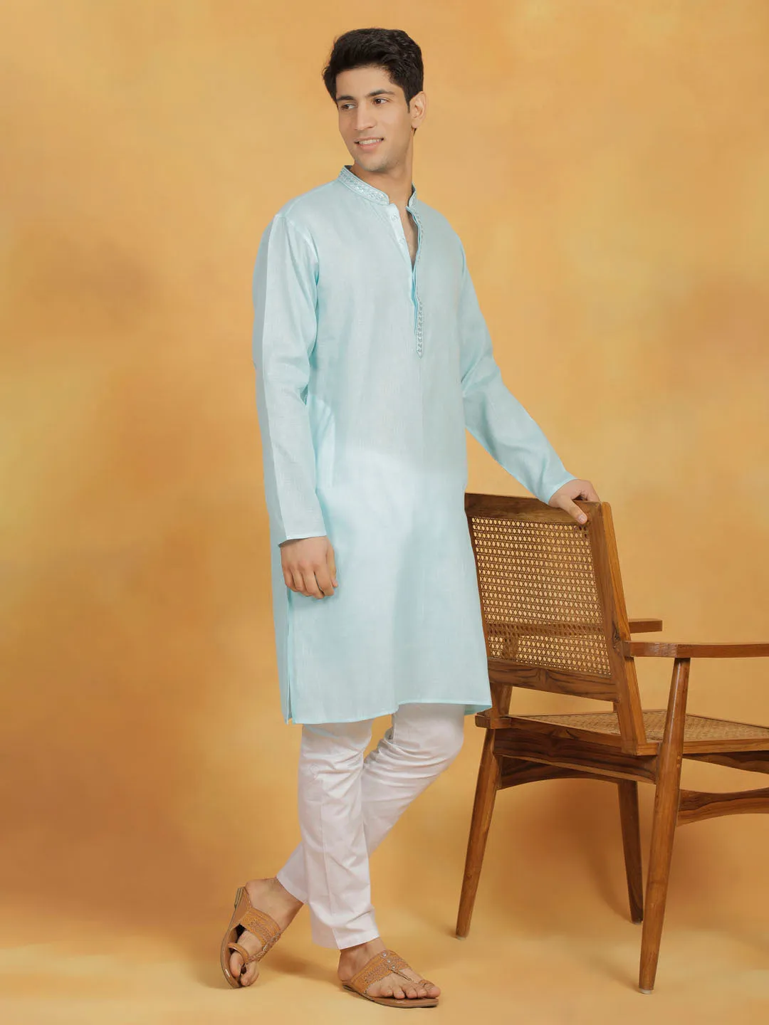 VASTRAMAY Mint Green Cotton Kurta Pyjama