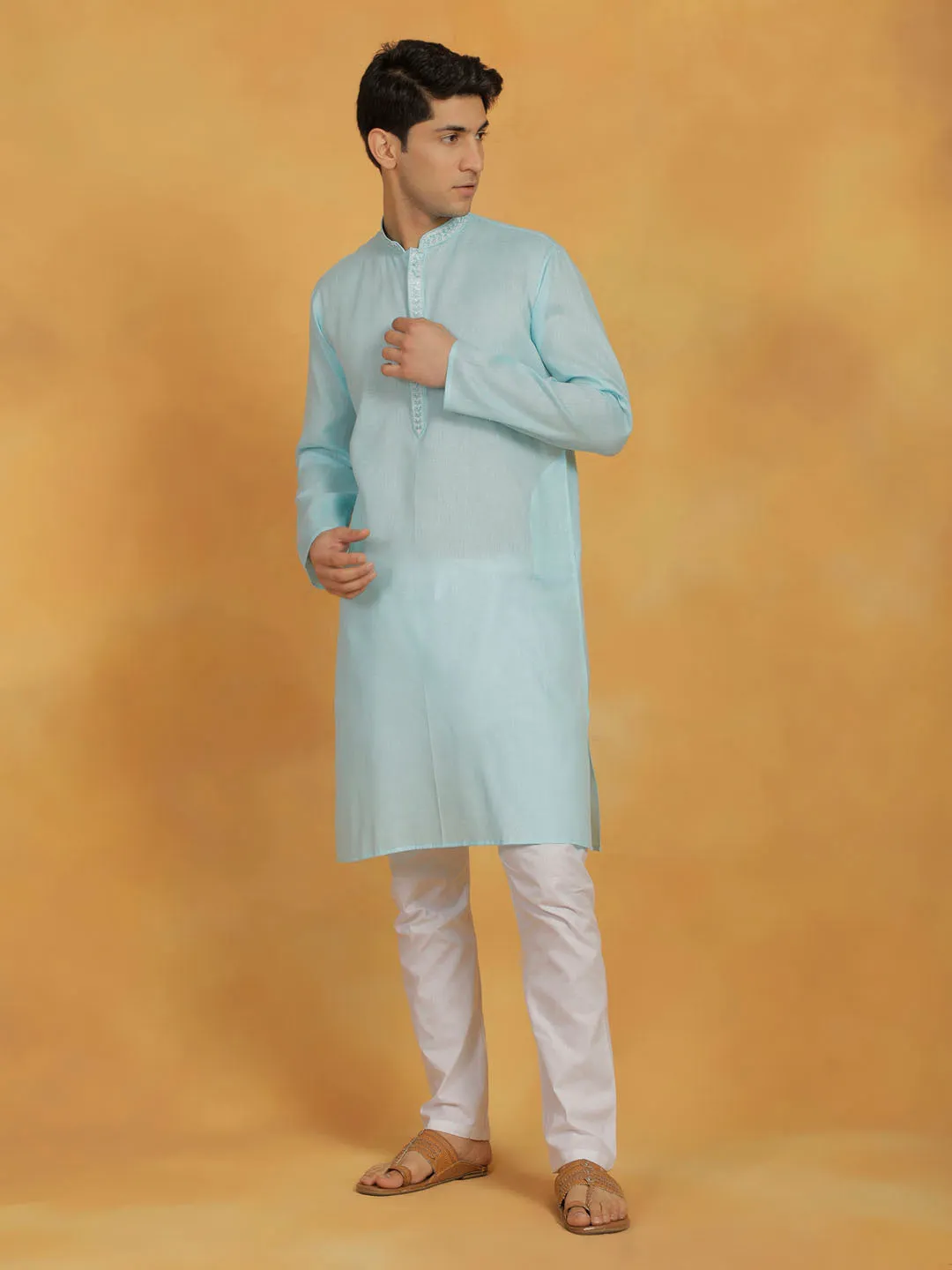 VASTRAMAY Mint Green Cotton Kurta Pyjama