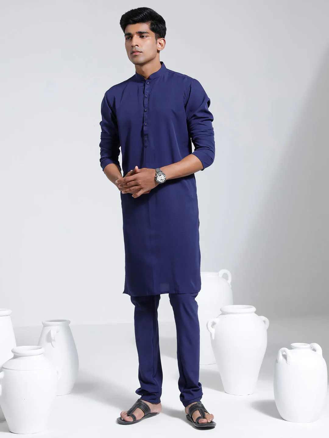 VASTRAMAY Navy Blue Crepe Kurta Set