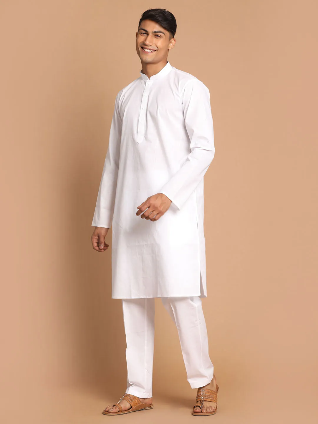 VASTRAMAY White Cotton Kurta Pajama Set