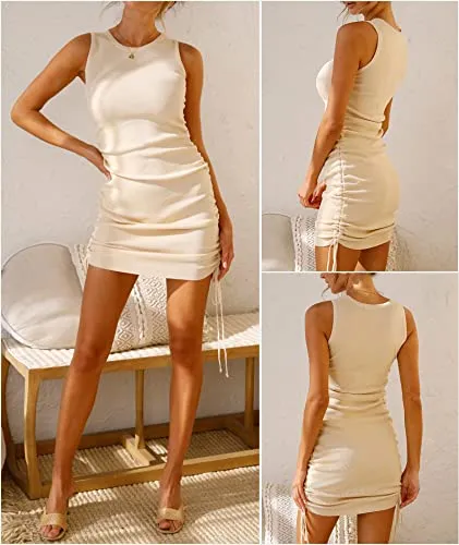 Women Sleeveless Bodycon Ruched Short Dress Side Drawstring Solid Crew Neck Casual Summer Tank Shirt Mini Dresses