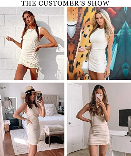 Women Sleeveless Bodycon Ruched Short Dress Side Drawstring Solid Crew Neck Casual Summer Tank Shirt Mini Dresses