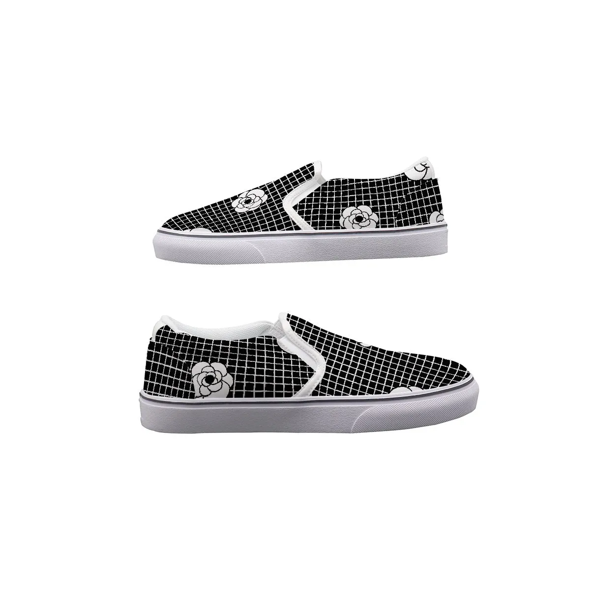 Women's Slip On Sneakers 225 black with white rose print