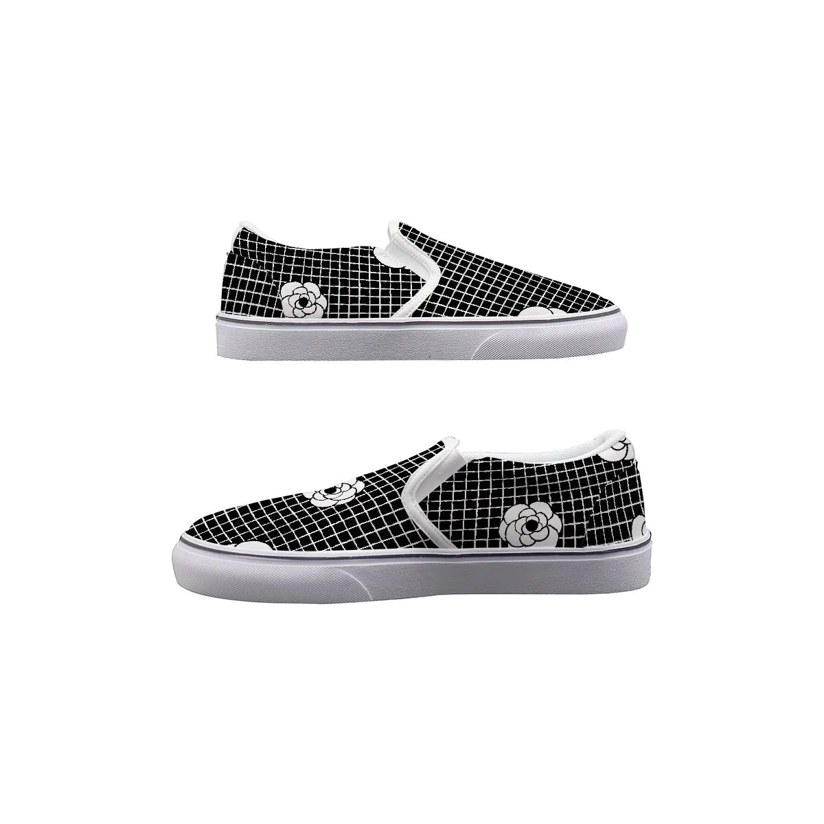 Women's Slip On Sneakers 225 black with white rose print